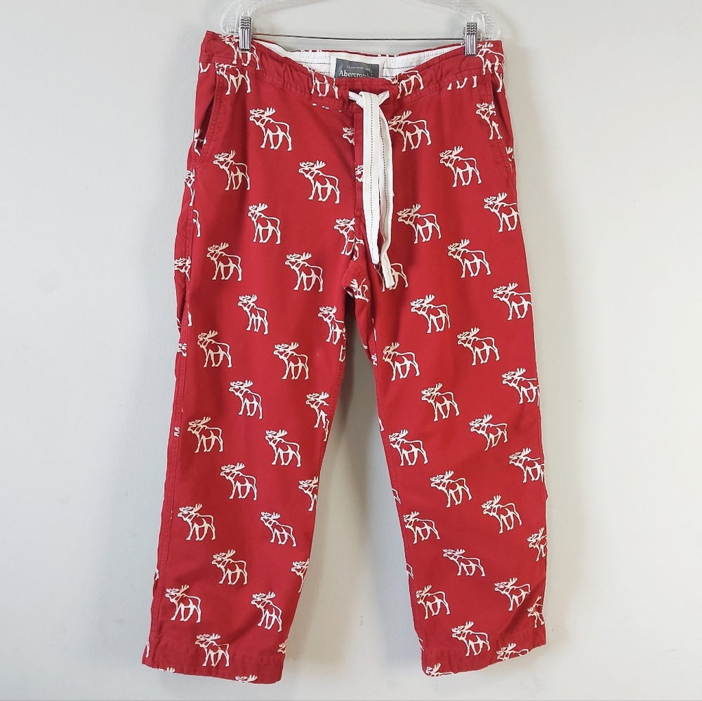 Abercrombie & Fitch Men Red Moose Holiday Flannel Pajama Pants Medium Drawstring